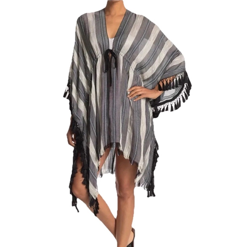 BCBGMaxAzria Stripe Beach Coverup Fringe
